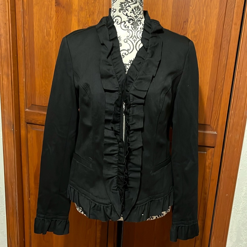 INC  Black Ruffle Trim, Zip Front,  Pockets, Fully Lined Jacket/Blazer M.